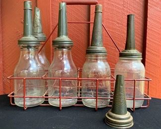 Glass Oil bottles and carrier. Oil and Gas