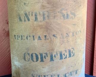 Primitive advertising bentwood Coffee barrel bin