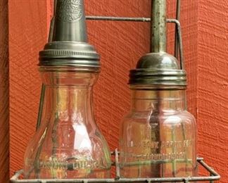 Glass Oil Bottles and wire carrier Gas and Oil Jay B. Rhodes Kalamazoo 