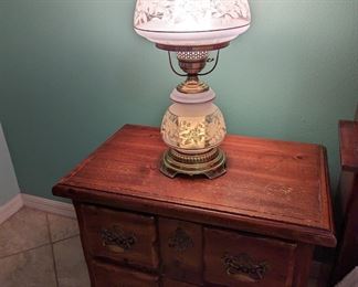 Wood nightstand and vintage parlor lamp