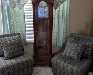 Ethan Allen Statue of Liberty Limited Edition grandfather clock, striped occasional chair pair