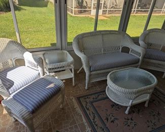 White wicker patio seating set