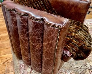 33. Scalloped Brown Leather Barrel Chair w/ Nailhead Detail (32" x 30" x 27")