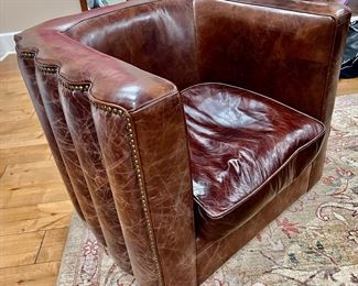 33. Scalloped Brown Leather Barrel Chair w/ Nailhead Detail (32" x 30" x 27")