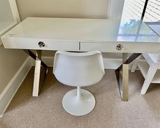 Jonathon Adler White Desk w/ Chrome X Legs and a Tulip Chair w/ Black Cushion