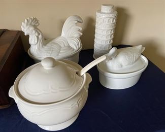 Gazebo white by Pfaltzgraff Tureen, Farberware ceramic Duck lidded casserole dish, Rooster casserole dish  with lid (CA Pottery), Leaning Tower of Pisa ceramic spaghetti container 