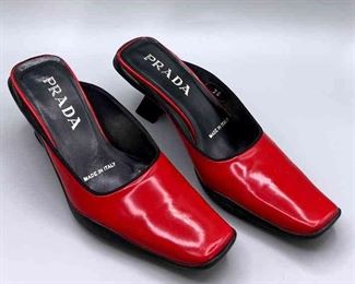 Prada Red Heeled Mules