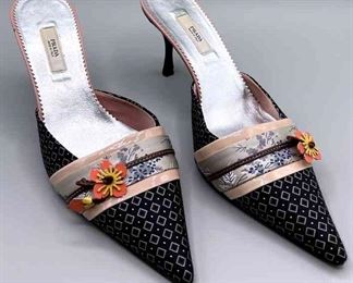 Prada Navy Kimono Patterned Silk Mules