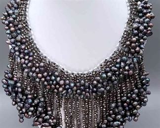 Faux Black Iridescent Pearl Choker Necklace