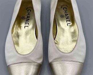 CHANEL Cap Toe Nude Gold Flats