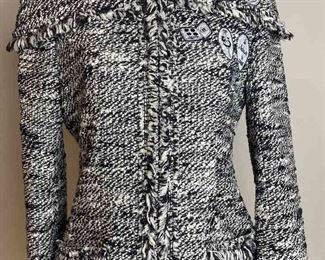 CHANEL Black Brown White With Embroidered Patches And Fringe Wool Tweed Jacket