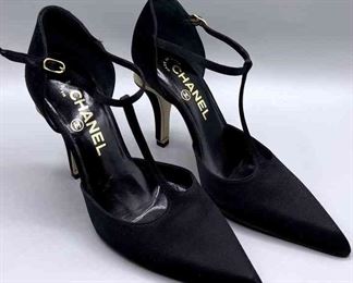 CHANEL BLACK SATIN SLINGBACKS