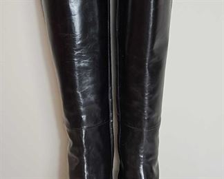 CHANEL Black Leather Knee High Boots With Heels