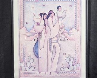 Offset Lithograph "La Familia" by G.E. Mulan Framed 18" x 21" Native American Art
