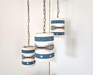  Vintage Southwestern Style Swag Light Fixture w/ Three Sand Painted Ceramic Shades ~ Plug In