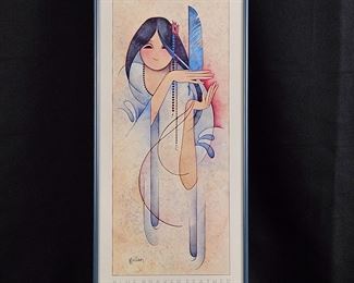  Native American Art Framed Offset Lithograph Print by G.E. Mullan "Blue Prayer Feather" in Metal Frame 10" x 20"