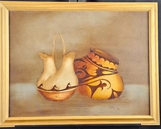 Original Art Oil on Canvas Shows Native American Pottery Pieces Stretched Canvas Signed "Judy" '92 - 27" x 21"