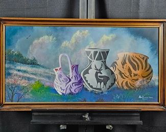 Original Art Oil on Board Southwestern Native American Pottery "Anasazi" by Allen Pearson 2002 Framed 33" x 18" 
