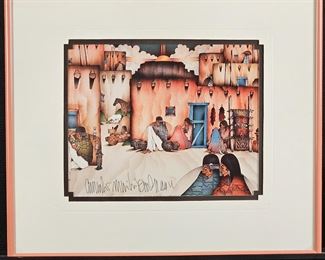 Framed Offset Lithograph "Saturday Market" Signed by Artist Amado Peña