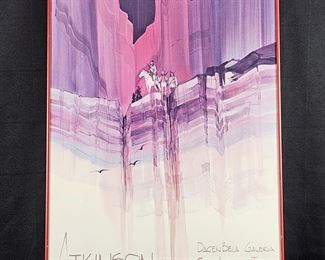  Large Offset Lithograph of Original Art by Michael Atkinson in Red Metal Frame 21" x 28" Native American 