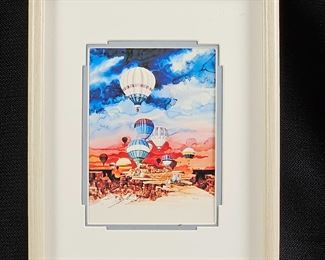 Smaller Framed Offset Lithograph of Original Watercolor by Michael Atkinson "Pueblo Balloon Festival" 9" x 11" 