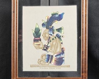 Original Mayan Art on Leather - Etched and Painted and Placed in a Floating Frame 
