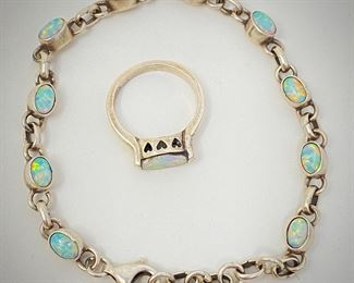 Lot #79 -Sterling Silver and Opal Bracelet and Ring Set