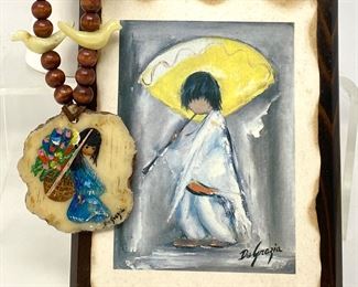 Lot #86 - Vintage De Grazia Hand Painted Native American Girl Necklace & De Grazia Wall Art