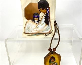 Lot #87 - De Grazia Hand Painted Native American Girl Necklace & Ceramic Candle Holder