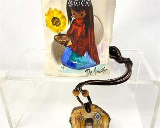  De Grazia Hand Painted Native American Girl Necklace & Ceramic Candle Holder