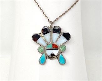 Glorious Vintage Native American Zuni Turquoise Sunface Sterling Silver Necklace Glorious Vintage Native American Zuni Turquoise Sunface Sterling Silver Necklace