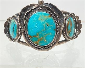 Lot #97 - Large Native American Sterling & Turquoise Navajo Cuff Bracelet