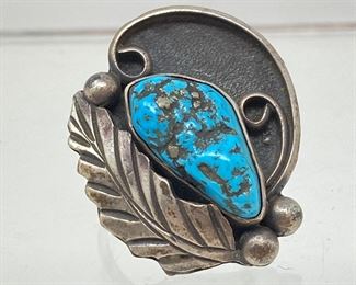Lot #98  - Old Sterling Native American Ring w/ Silver Matrix Turquoise Stone