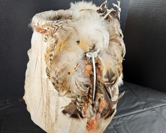 Decorative Native American Woven Birch Bark Basket with Fur & Feather Accents 15" Tall x 12"W
