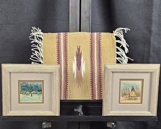 Set of Two Small Pieces of Original Art Framed Plus A Small Hand Woven Mexican Sampler 10" x 11"