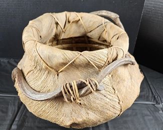 Fun Rustic Woven Bark Basket with Wood and Branches Used Throughout.  Measures 14"W x 9"T