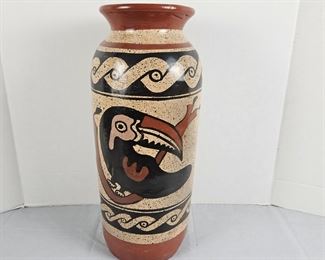Tall 17" Mexican Folk Art Clay Pottery Vase with Toucan - Solid and Heavy, Substantial 