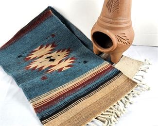 Set of Two Southwestern Decor Items / Mini Clay Chiminea and Hand Woven Small Rug