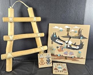 Mini Kiva Log Ladder - Sand Painting Made into a 12" x 12" Wall Clock Plus Two Small Sand Paintings