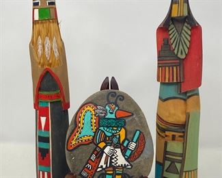 Two American Indian Hopi Hemis Polychrome Wooden Kachinas- Hand Painted Polo Taka Butterfly Kachina Rock