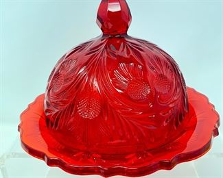 Lot #107 &nbsp;- Red Glass Domed "Thistle Butter Dish" by Mosser Glass Co.