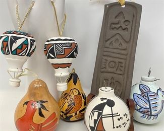 Lot #54  - Hand Painted Southwest Ceramic & Gourd Christmas Ornaments- Native American Prayer