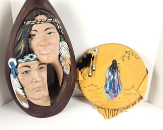  Large Hand Painted Ceramic Statue Figurine with a Native American Man & Woman Plus Hand Painted Suede