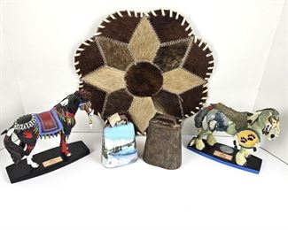 Set of Two Enesco Painted Ponies "Horse of A Different Color" Wolf Spirit & Keokuk - Horse Hair Mat - Two Cow Bells (One Painted).
