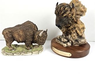 Set of Two Buffalo Figurines One From Mill Creek Studios cast from crushed alabaster, porcelain & resins.  Other is Porcelain 