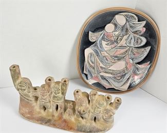  Two Items from Israel - A Terra Cotta 10"L Menorah and a Decorative Hand Painted 10" Plate 
