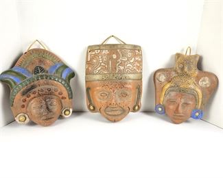  Set of Three Mayan Clay Masks From Mexico Each About 10" Tall and Ready to Hang