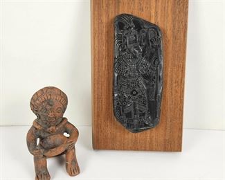  Two Pieces of Mayan Art - Small Clay Figure of May Sitting Down plus Wall Plaque w/ Carved Warrior
