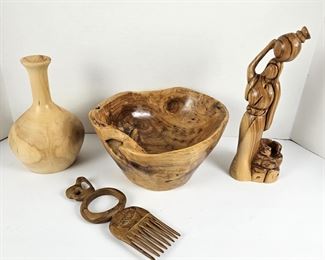 Beautifully Carved Wood Items From Around the World!  Root Bowl, Woman, Hair Comb & Aspen Vase
