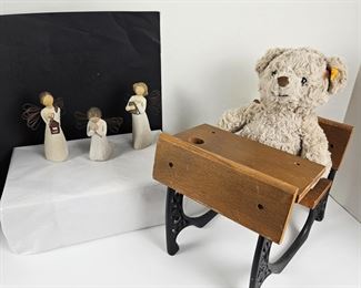 Set of Three Willow Tree Wood Angels, A Genuine NEW Steiff Teddy Bear Sitting on a Vintage Student's Desk
